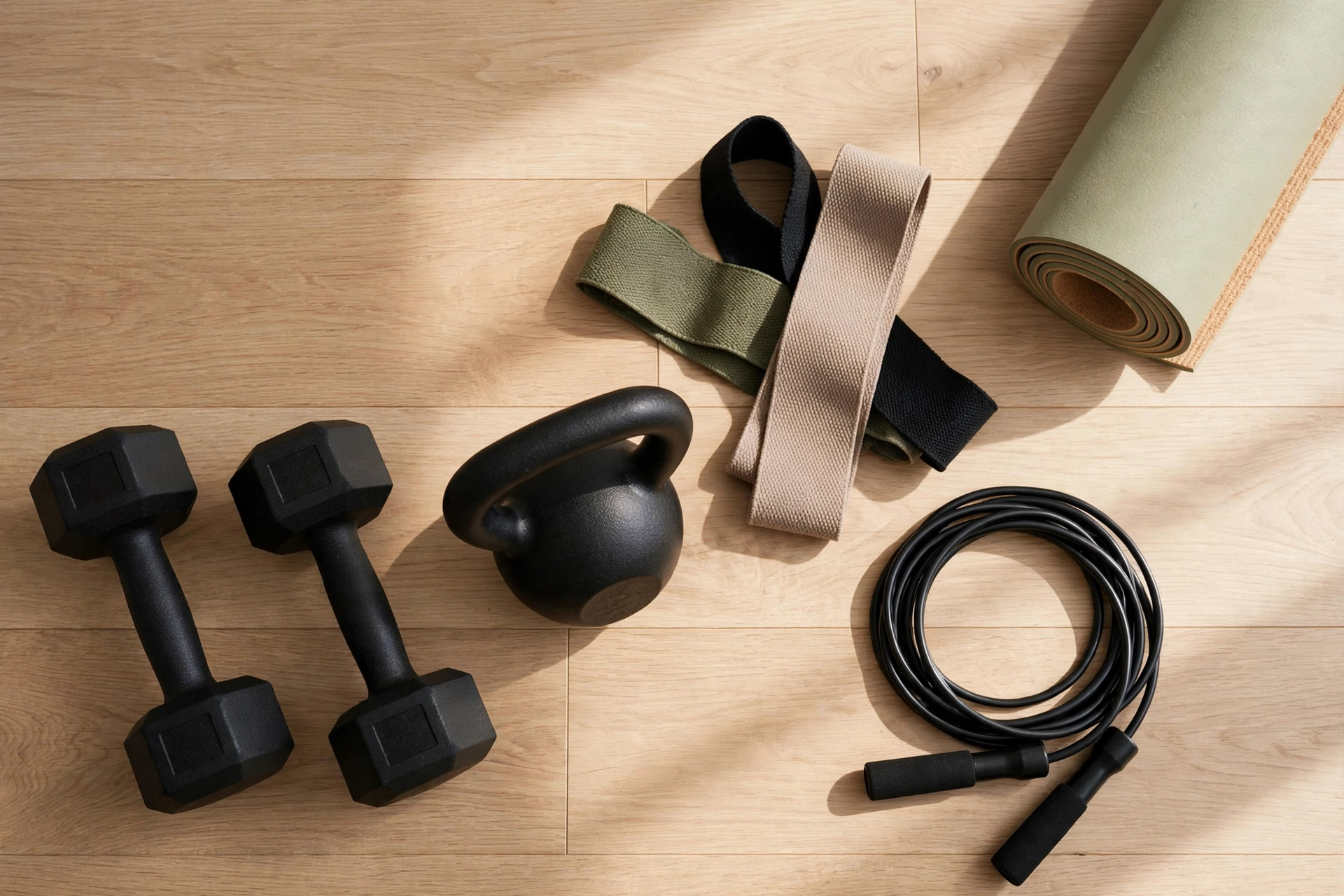 Dumbbells, kettlebell and bands on the floor