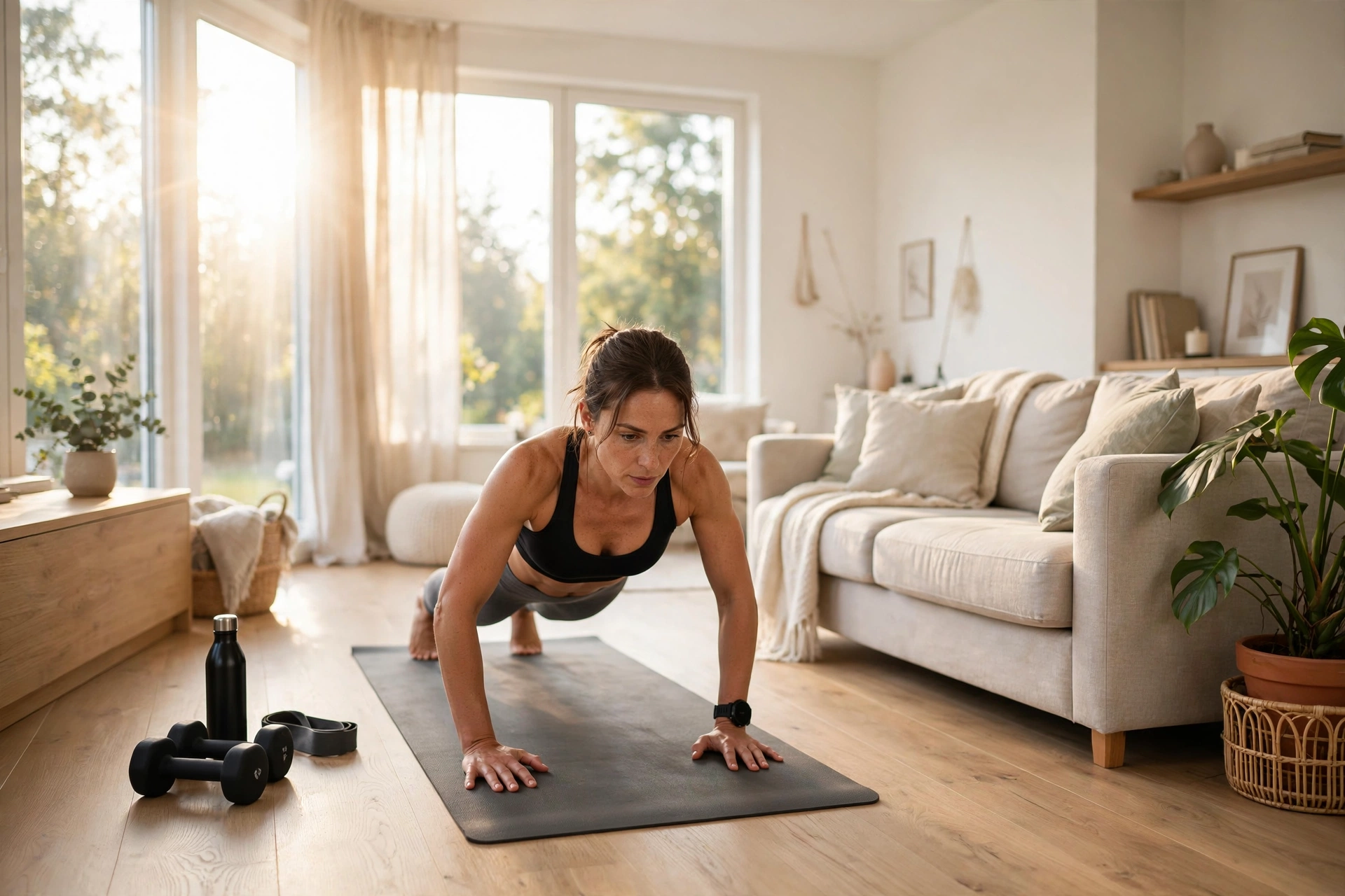 Woman doing push-ups on a yoga mat in a bright living room