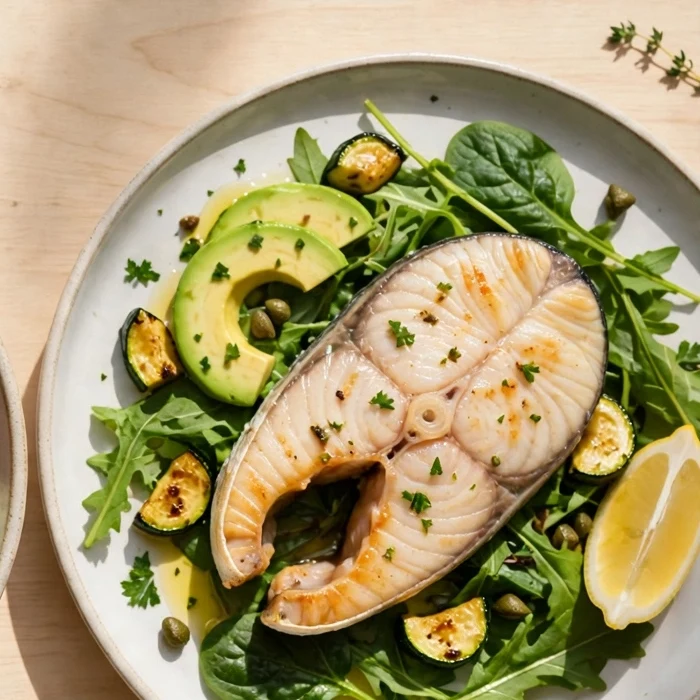White fish plate with greens and avocado