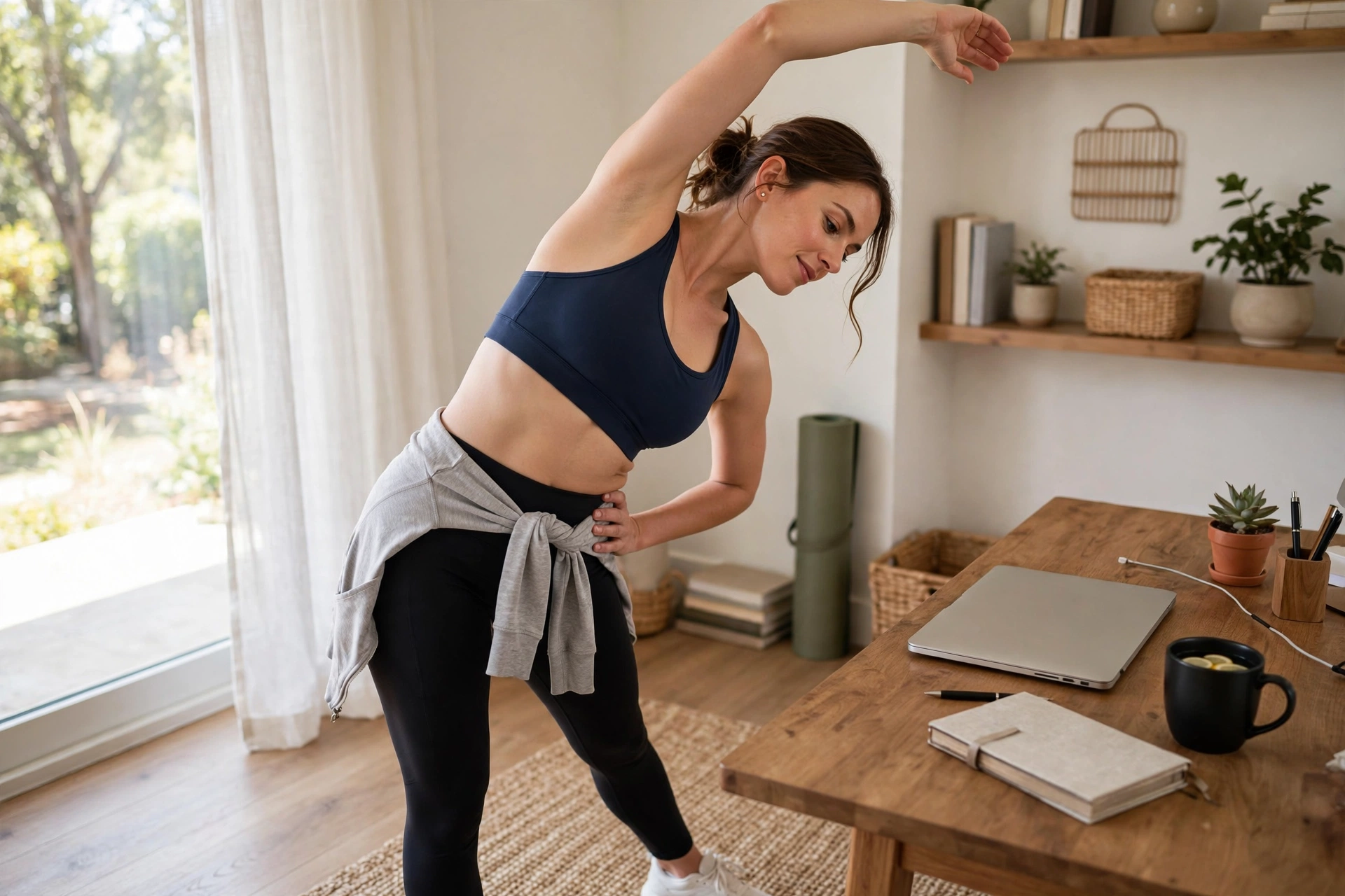 Woman stretching beside her desk