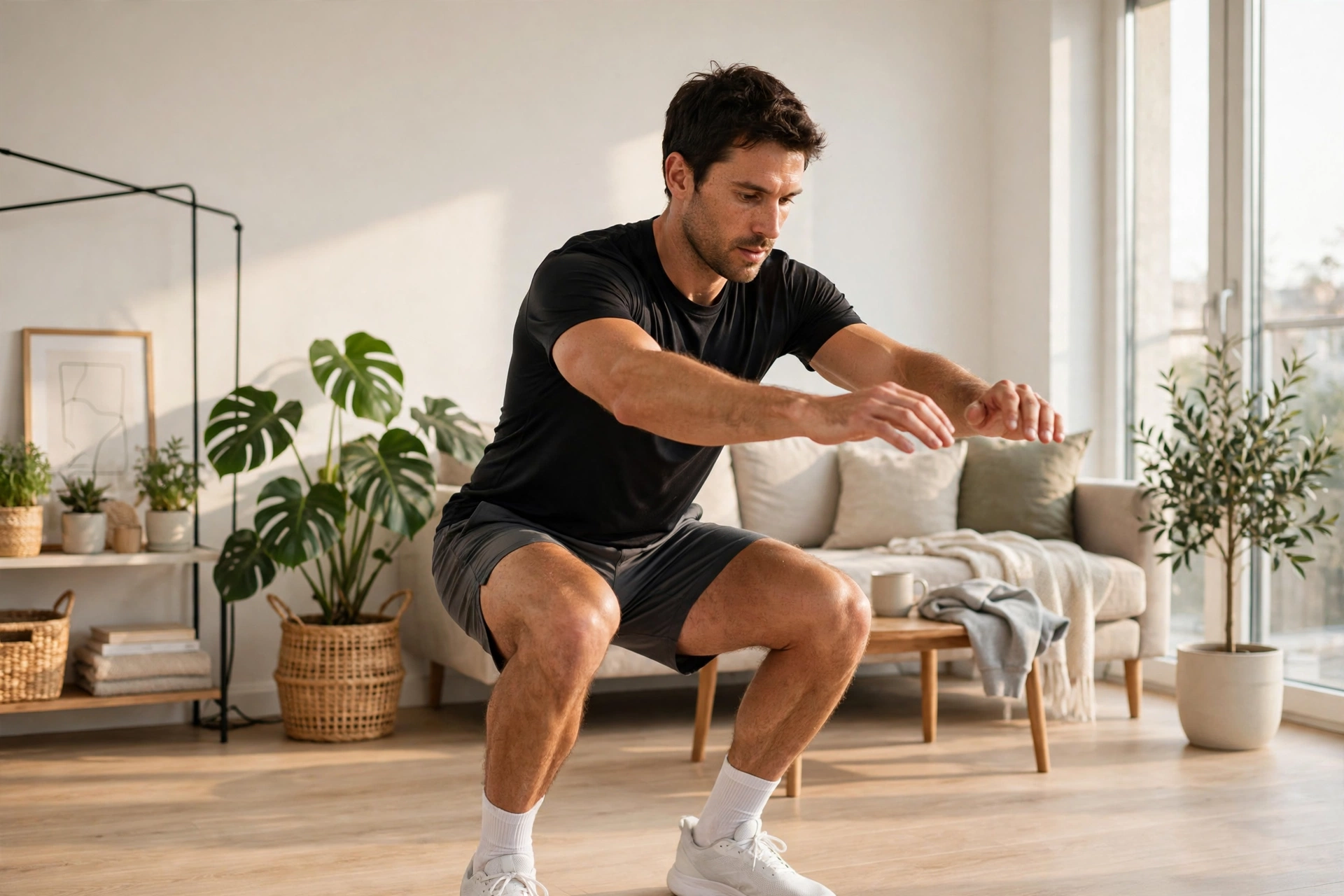 Man doing a bodyweight squat in his living room