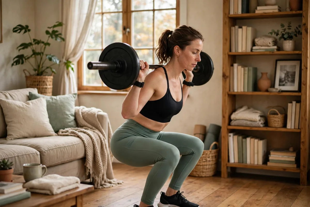 A woman doing a barbell back squat in a bright living room with a wooden floor, a beige sofa, a bookshelf, plants and a large window in soft morning light
