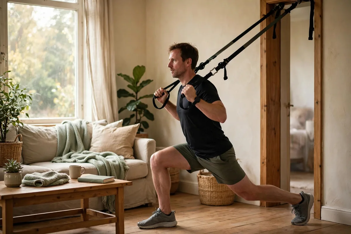 A man doing a suspension trainer lunge in a bright living room, holding the straps anchored above a doorway, with a beige sofa, plants and a large window behind him