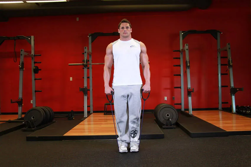 Band calf raise: start and finish positions