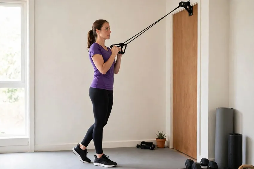 Band tricep press-down: start and finish positions