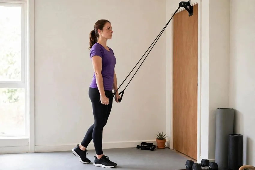 Band tricep press-down: start and finish positions