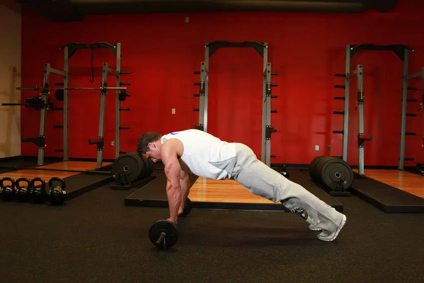 Barbell ab rollout: start and finish positions
