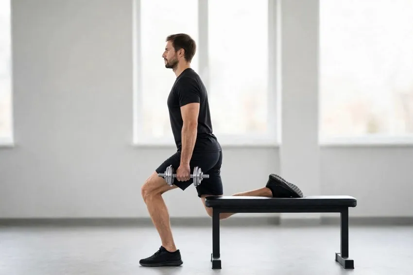 Dumbbell Bulgarian split squat: start and finish positions