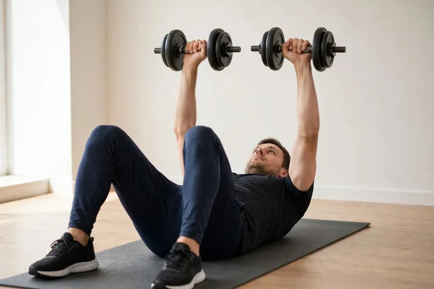 Dumbbell floor fly: start and finish positions