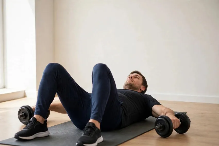 Dumbbell floor fly: start and finish positions