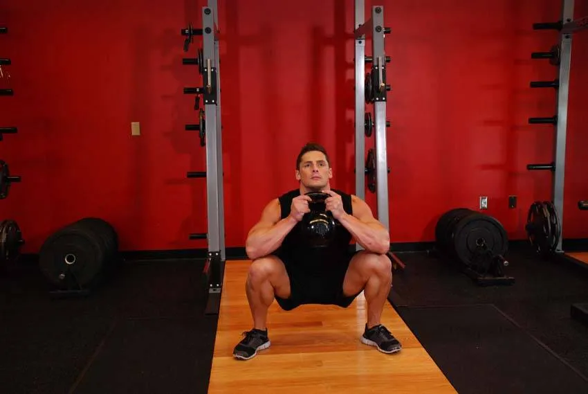 Dumbbell goblet squat: start and finish positions