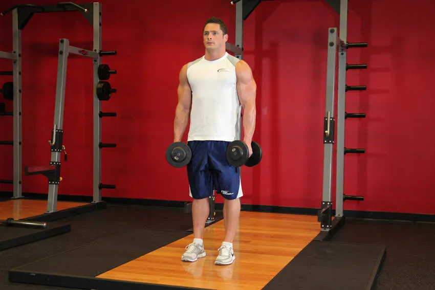 Dumbbell shrug: start and finish positions