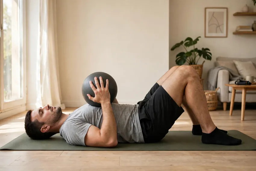 Medicine ball floor press throw: start and finish positions