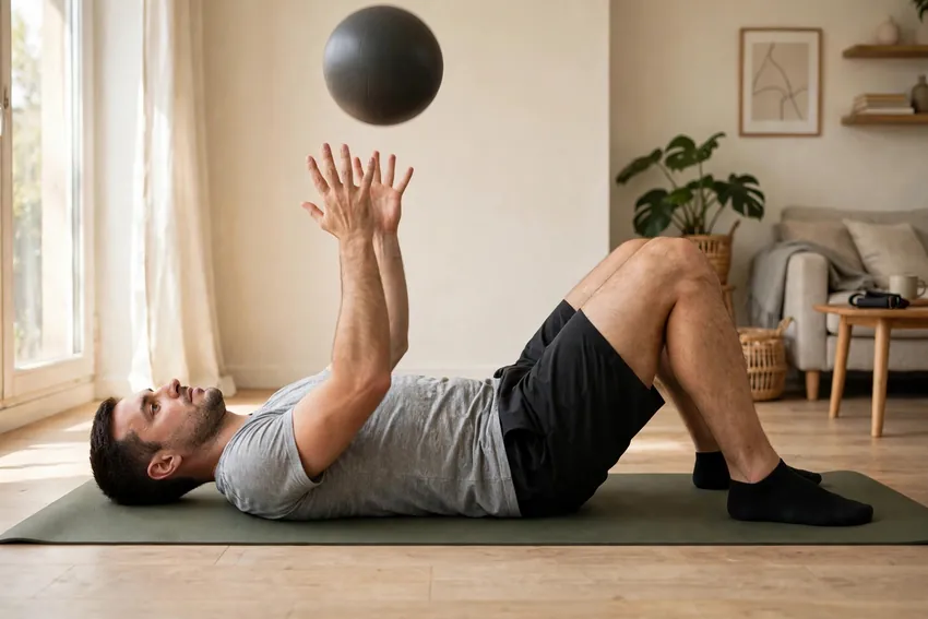 Medicine ball floor press throw: start and finish positions