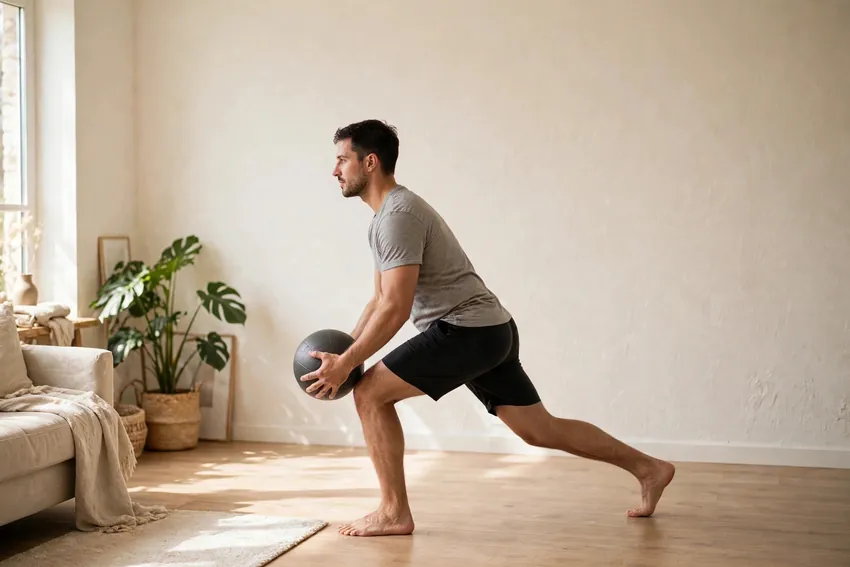 Medicine ball lunge with twist: start and finish positions