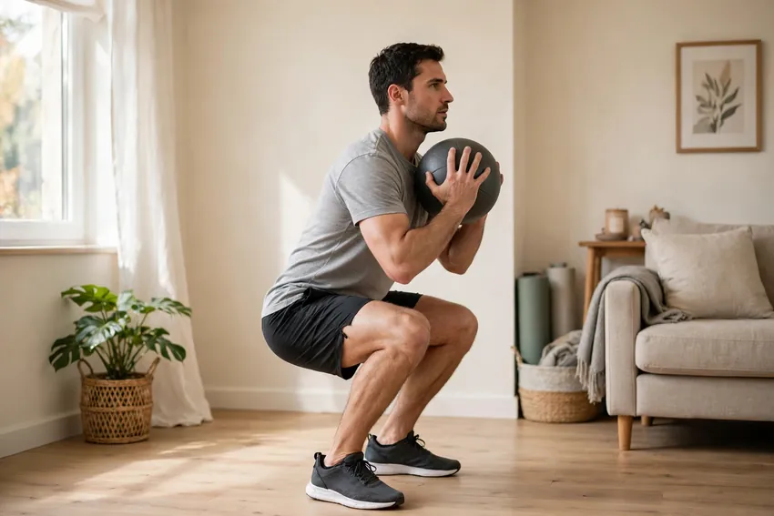 Medicine ball squat to press: start and finish positions