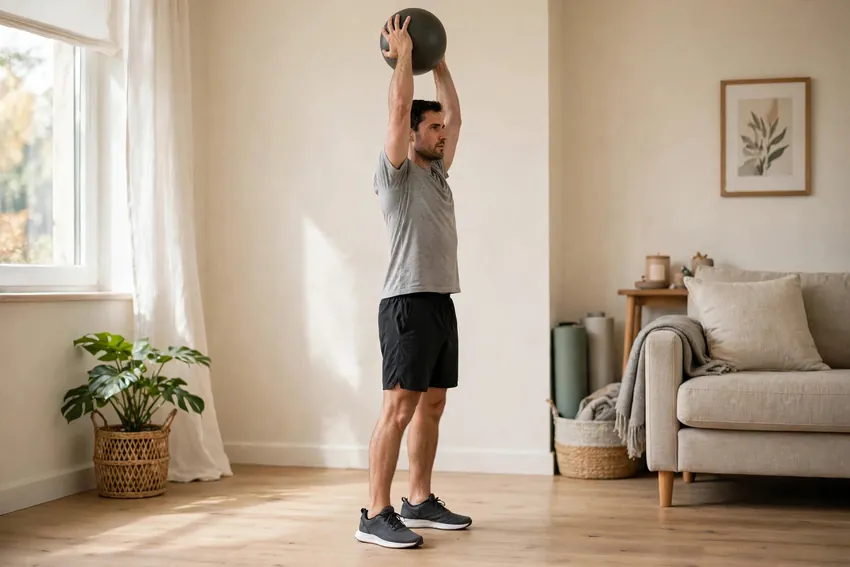 Medicine ball squat to press: start and finish positions