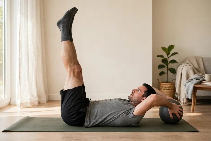 Medicine ball toe touch: start and finish positions