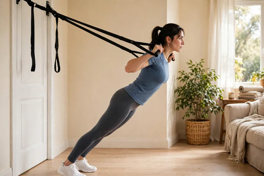 Suspension triceps extension: start and finish positions