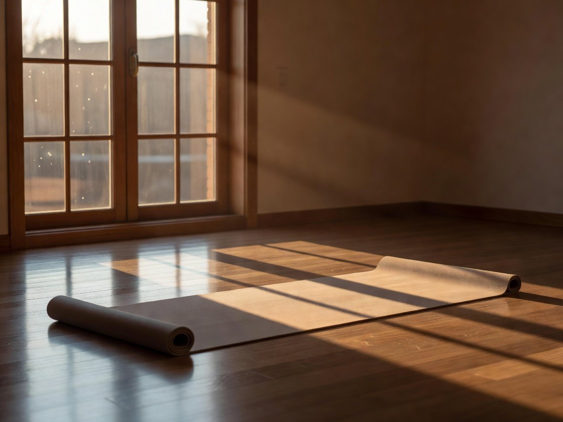 A yoga mat in early morning light by a window