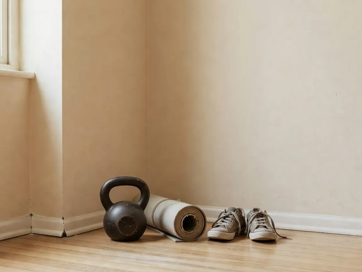 A pair of dumbbells and a kettlebell in a corner at home