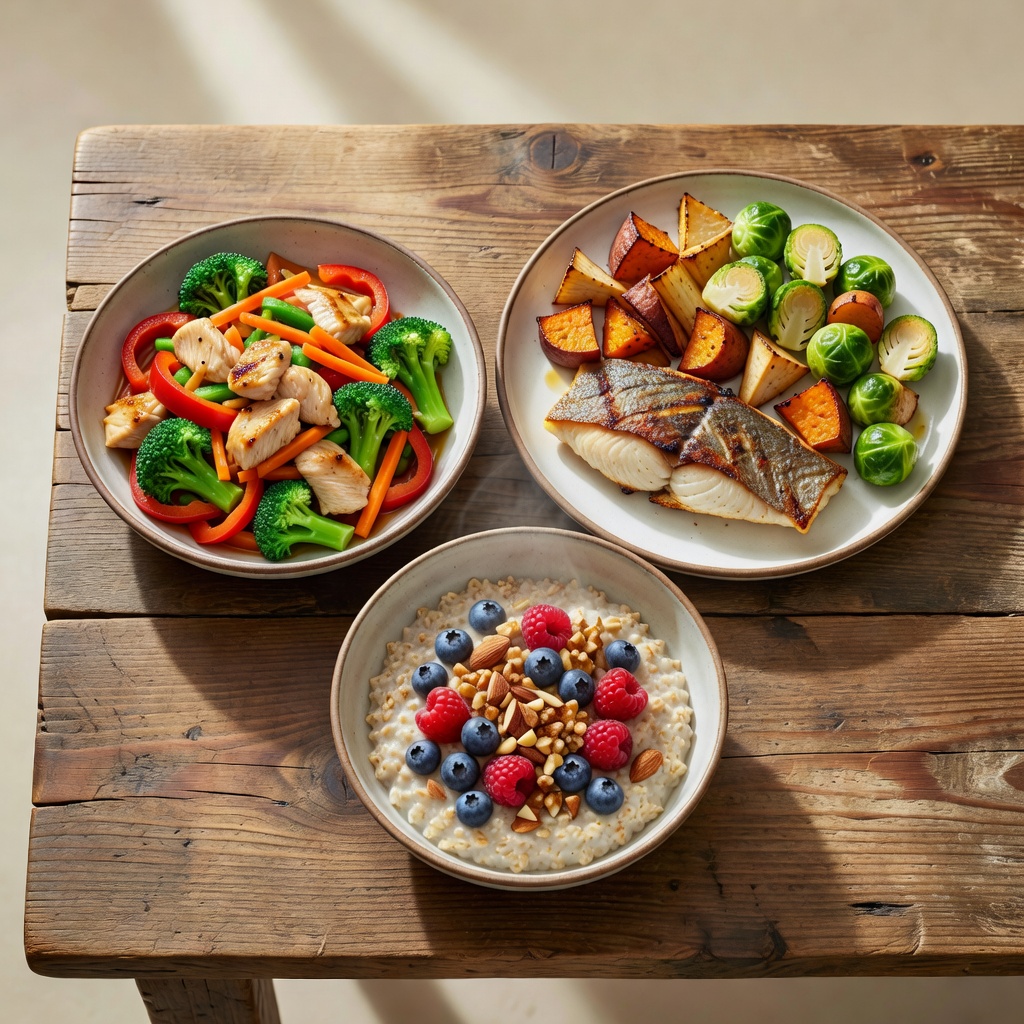 Prepared plates and ingredients spread across a kitchen table