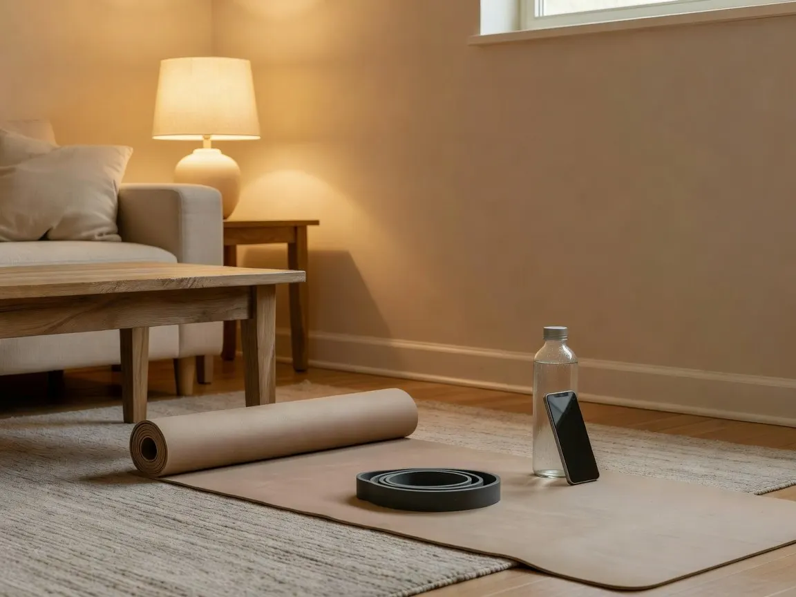A man doing a bodyweight squat in his living room