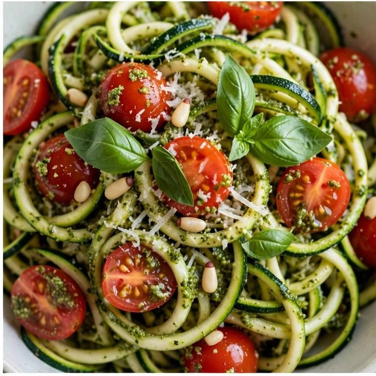 Pesto zucchini noodle bowl