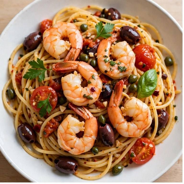 Shrimp puttanesca pasta